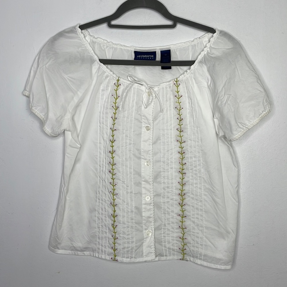 𝅺Vintage Liz Claiborne drawstring neckline floral embroidered blouse